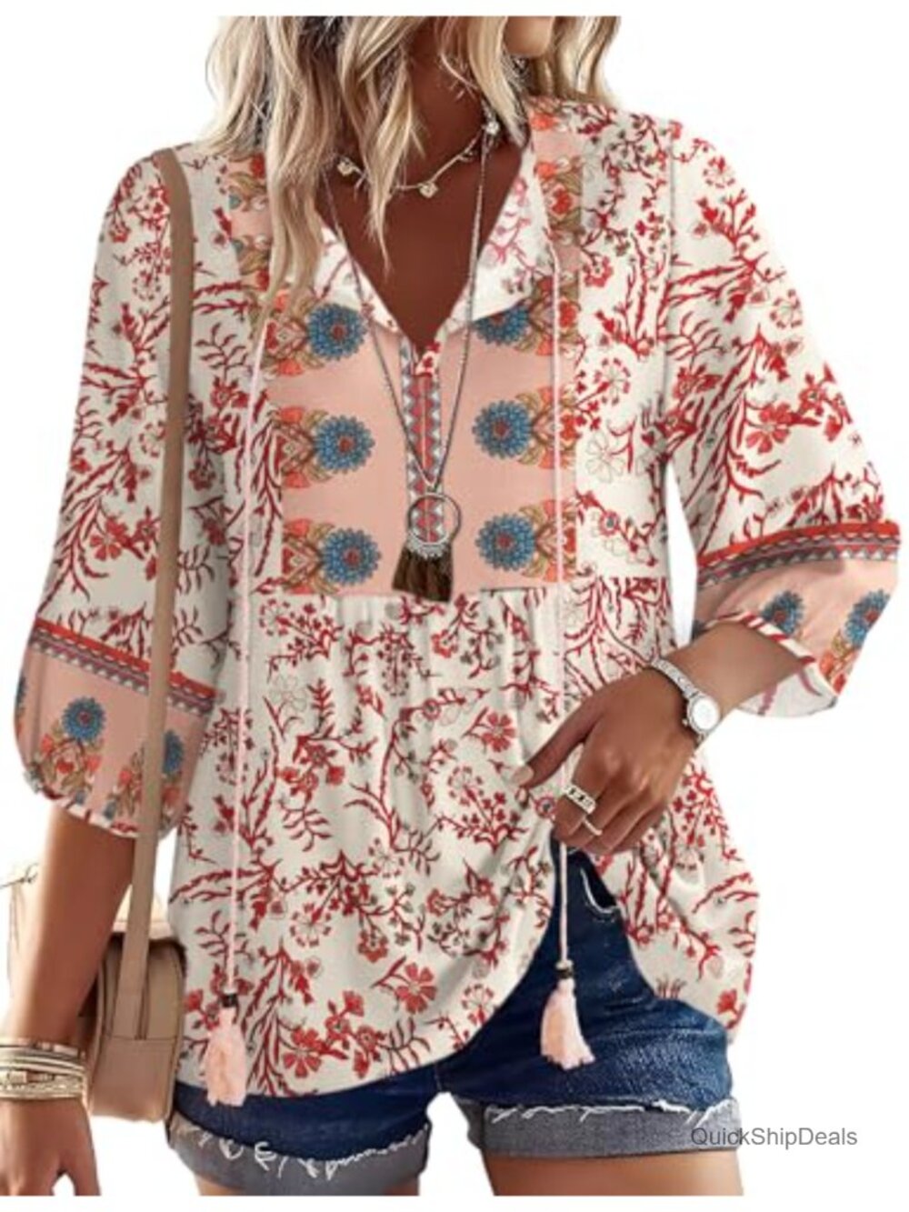 Boho V Neck Tie Front 3/4 Sleeve Pleated Tunic Blouse Rayon Linen